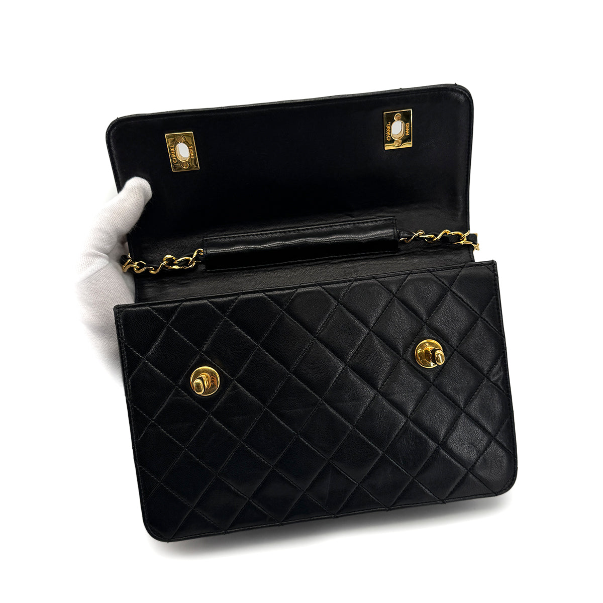 VINTAGE CHANEL DOUBLE TURN LOCK MATELASSE CHAIN SHOULDER HAND BAG BLACK LAMB SKIN GOLD HARDWARE 90319992