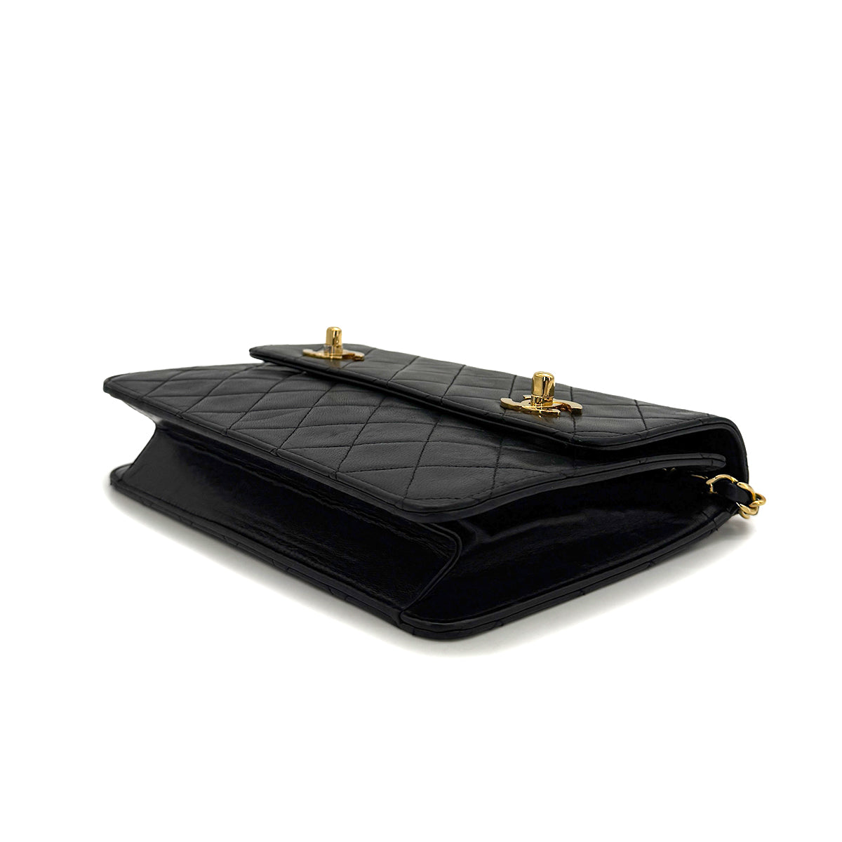 VINTAGE CHANEL DOUBLE TURN LOCK MATELASSE CHAIN SHOULDER HAND BAG BLACK LAMB SKIN GOLD HARDWARE 90319992