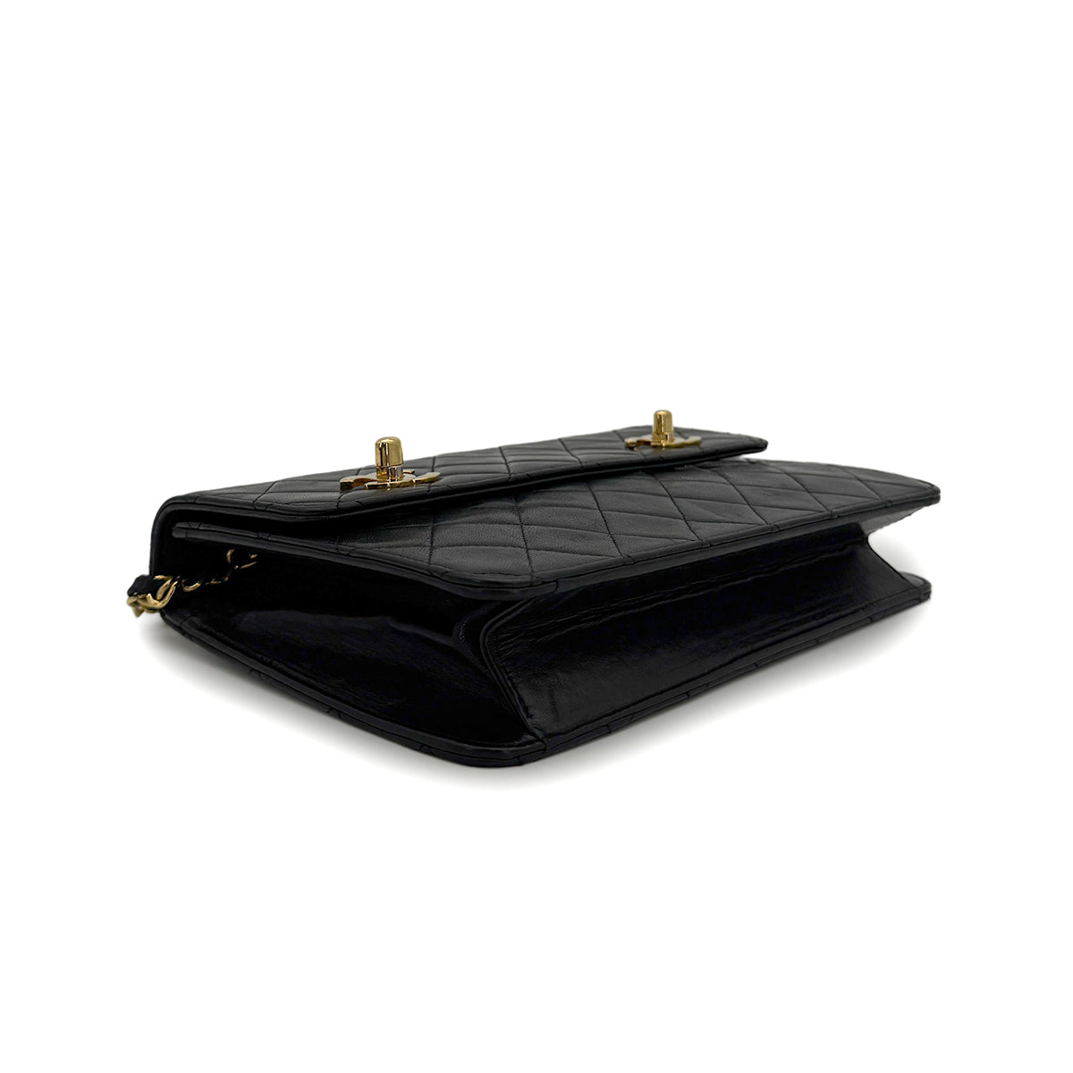 VINTAGE CHANEL DOUBLE TURN LOCK MATELASSE CHAIN SHOULDER HAND BAG BLACK LAMB SKIN GOLD HARDWARE 90319992