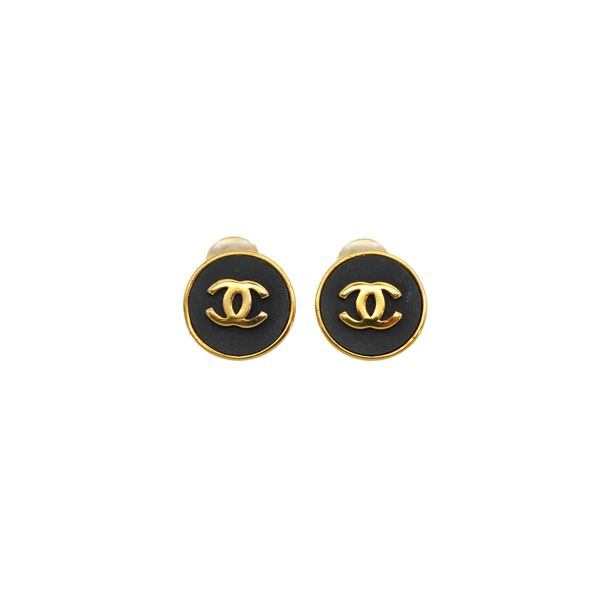 VINTAGE CHANEL EARRINGS COCOMARK ROUND GOLD BLACK ACCESSORY 25 90335007