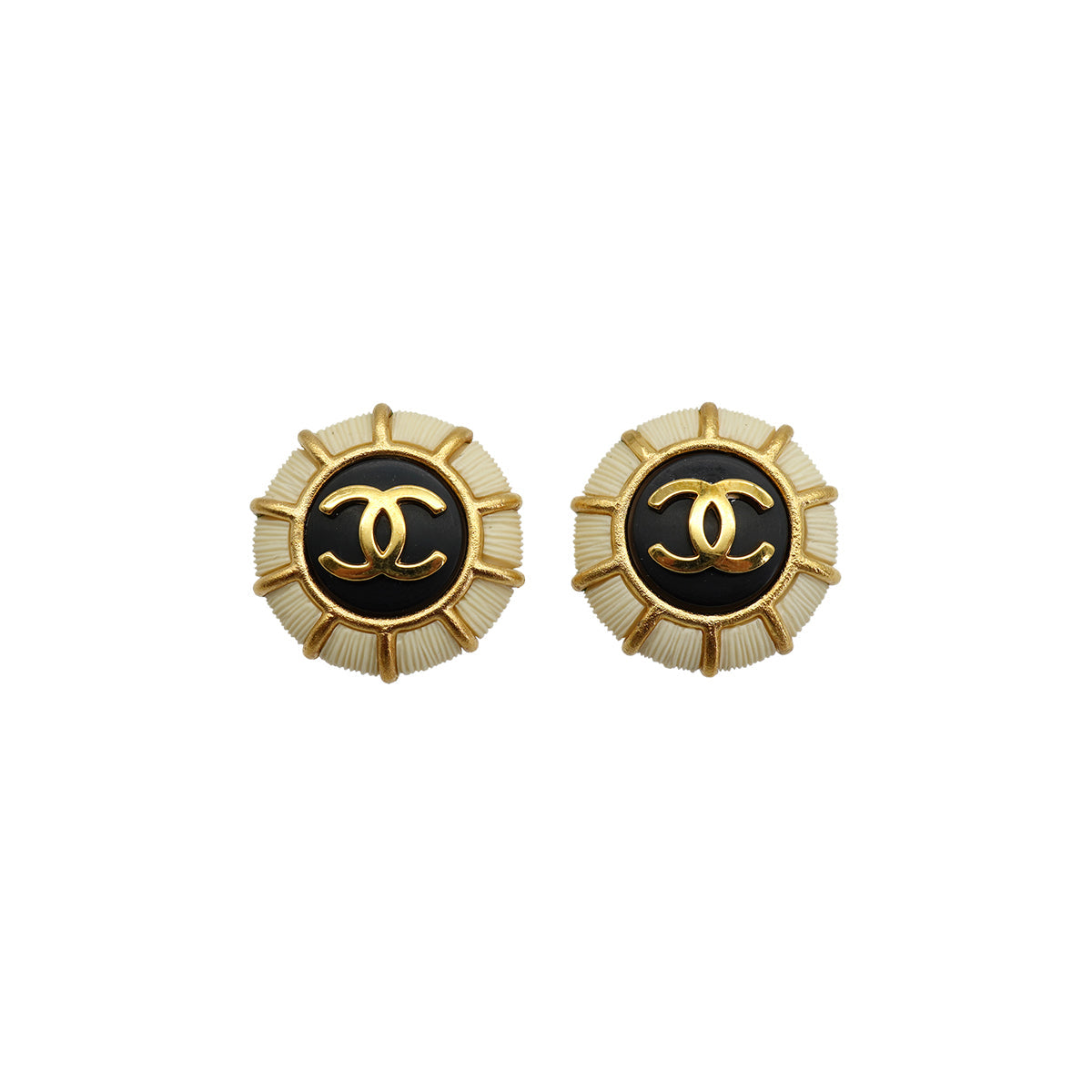 VINTAGE CHANEL EARRINGS COCOMARK WHITE BLACK GOLD ACCESSORY 95A 90330693