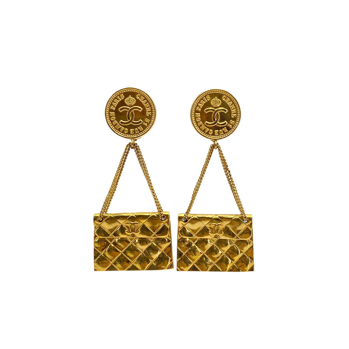 VINTAGE CHANEL EARRINGS MATELASSE BAG MOTIF GOLD ACCESSORY 29 90327611