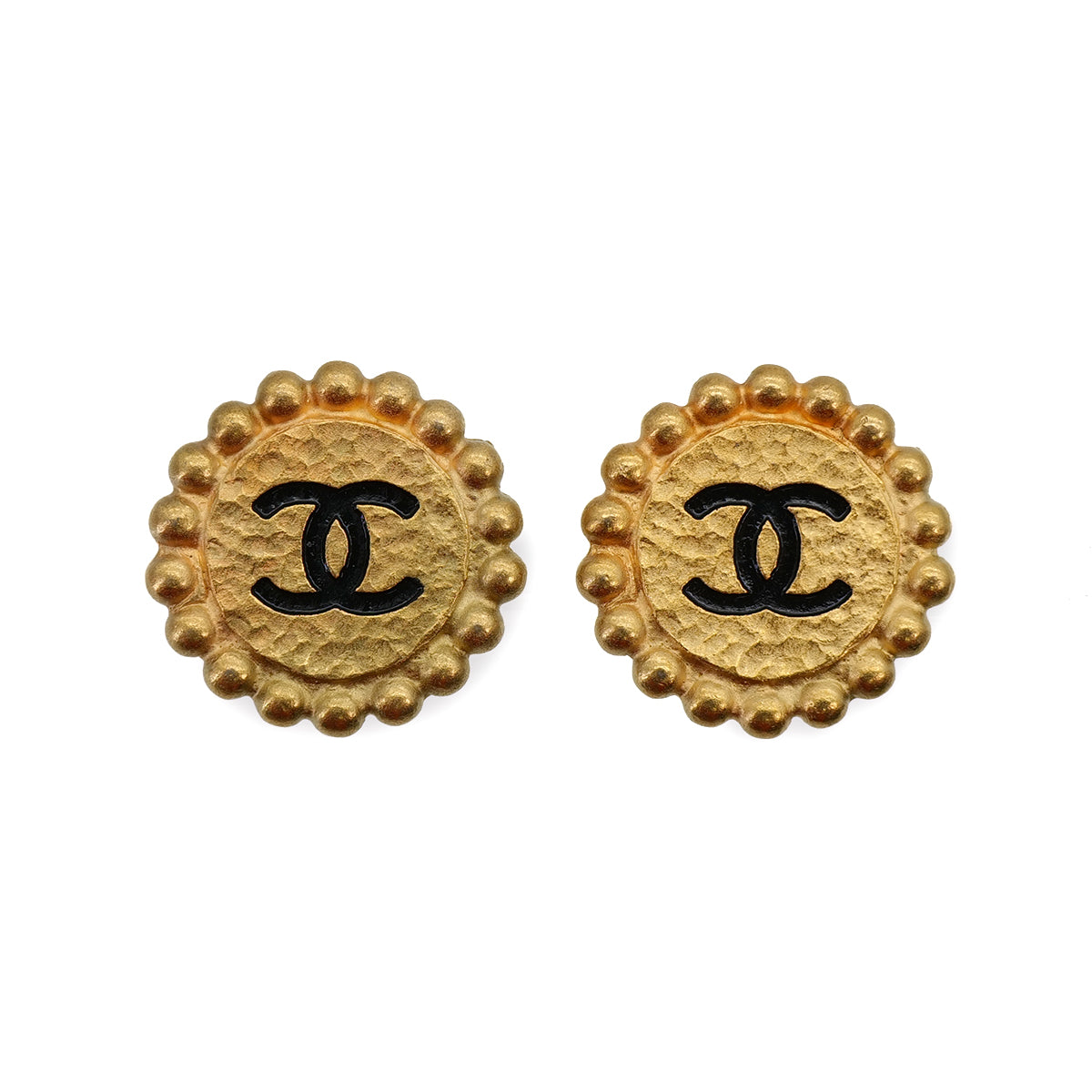 VINTAGE CHANEL EARRINGS ROUND COCOMARK BLACK GOLD ACCESSORY 94P 90321062