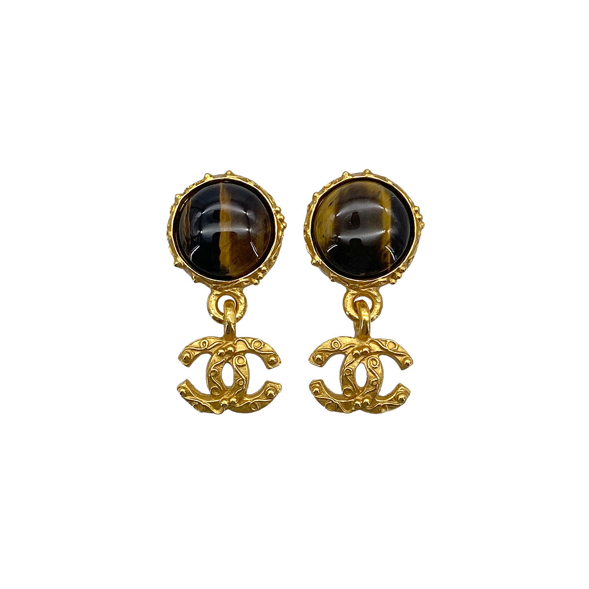 VINTAGE CHANEL EARRINGS TIGER EYE COCOMARK BROWN GOLD ACCESSORY 96A 90319606
