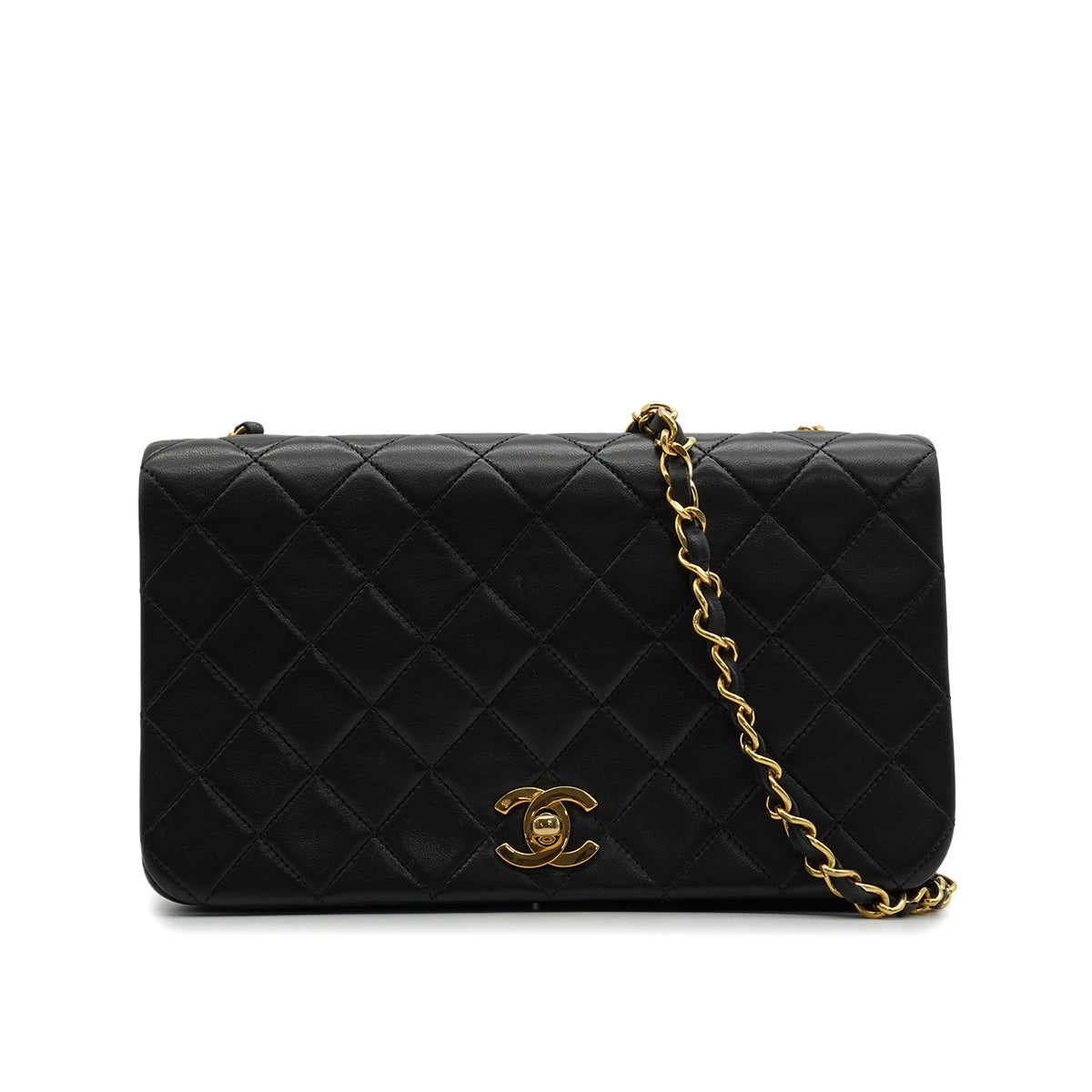 VINTAGE CHANEL FULL FLAP CHAIN SHUOLDER BAG BLACK LAMB SKIN GOLD HARDWARE 90346152