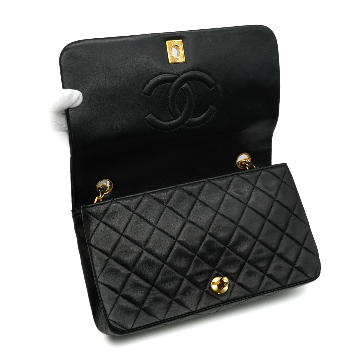 VINTAGE CHANEL FULL FLAP CHAIN SHUOLDER BAG BLACK LAMB SKIN GOLD HARDWARE 90346152