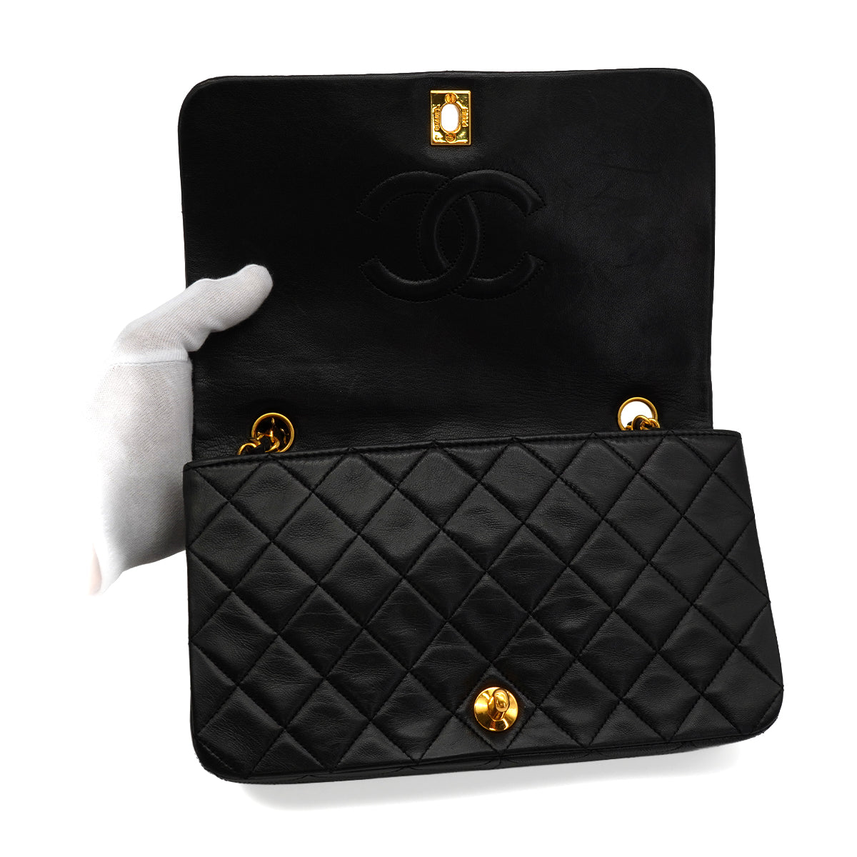 VINTAGE CHANEL FULL FLAP CHAIN SHUOLDER BAG BLACK LAMB SKIN GOLD HARDWARE 90346670