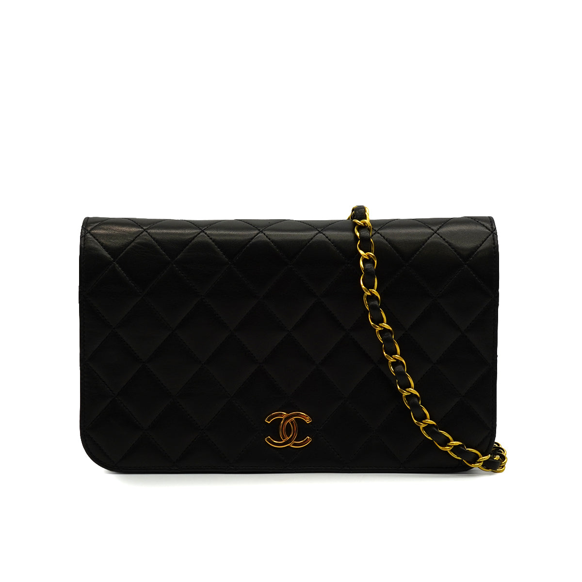 VINTAGE CHANEL MATELASSE FULL FLAP CHAIN SHUOLDER BAG BLACK LAMB SKIN GOLD HARDWARE 90346879