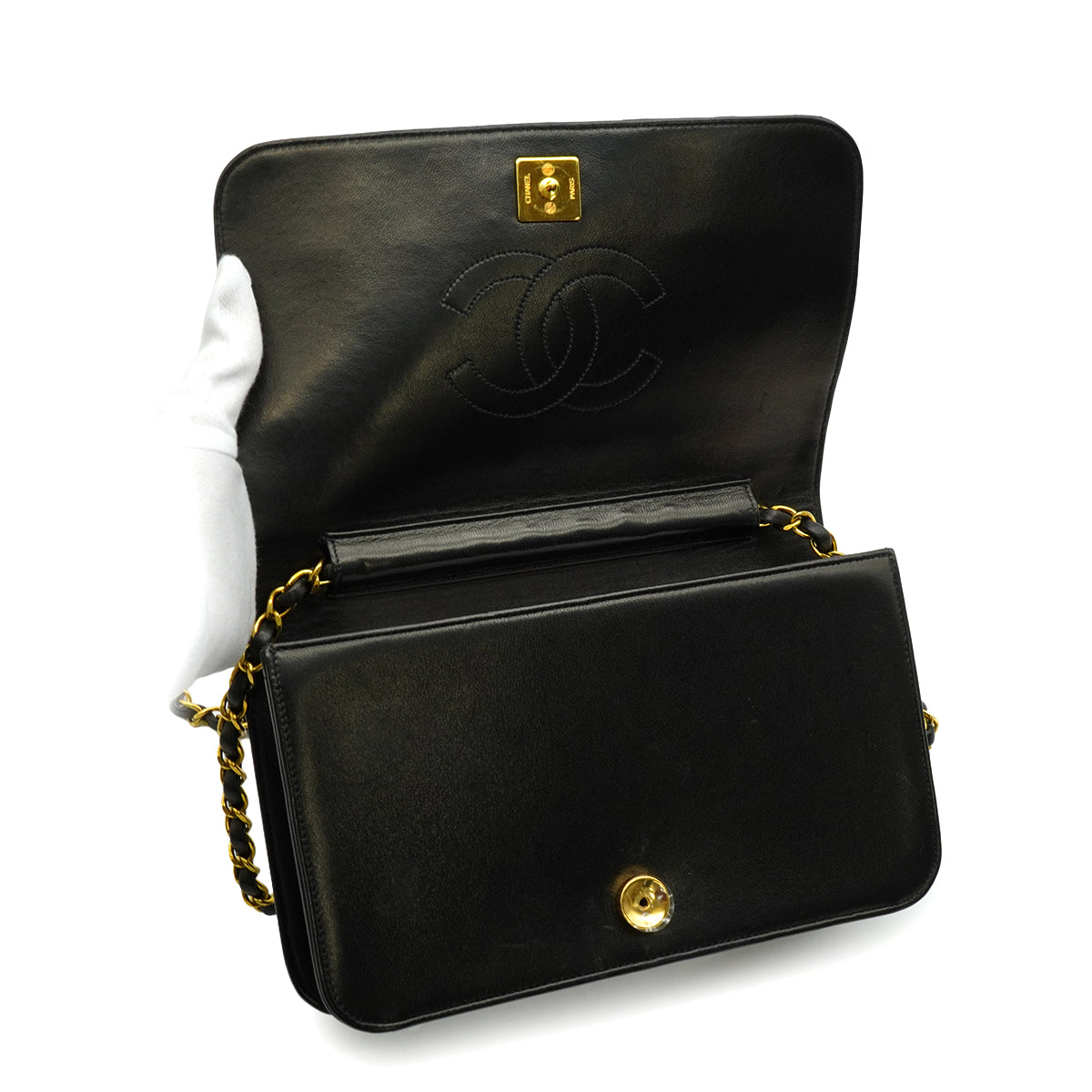 VINTAGE CHANEL FULL FLAP CHAIN SHUOLDER BAG BLACK LAMB SKIN GOLD HARDWARE 90346879