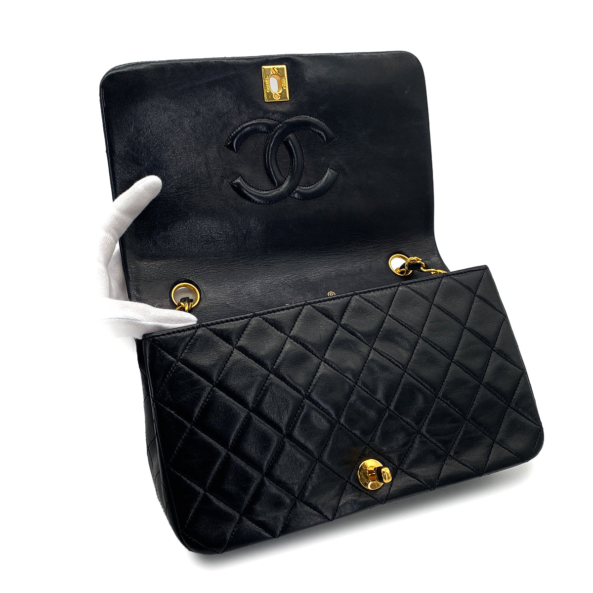 VINTAGE CHANEL FULL FLAP CHAIN SHUOLDER BAG BLACK LAMB SKIN GOLD HARDWARE 90324853