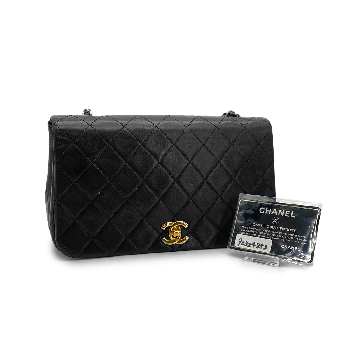 VINTAGE CHANEL FULL FLAP CHAIN SHUOLDER BAG BLACK LAMB SKIN GOLD HARDWARE 90324853
