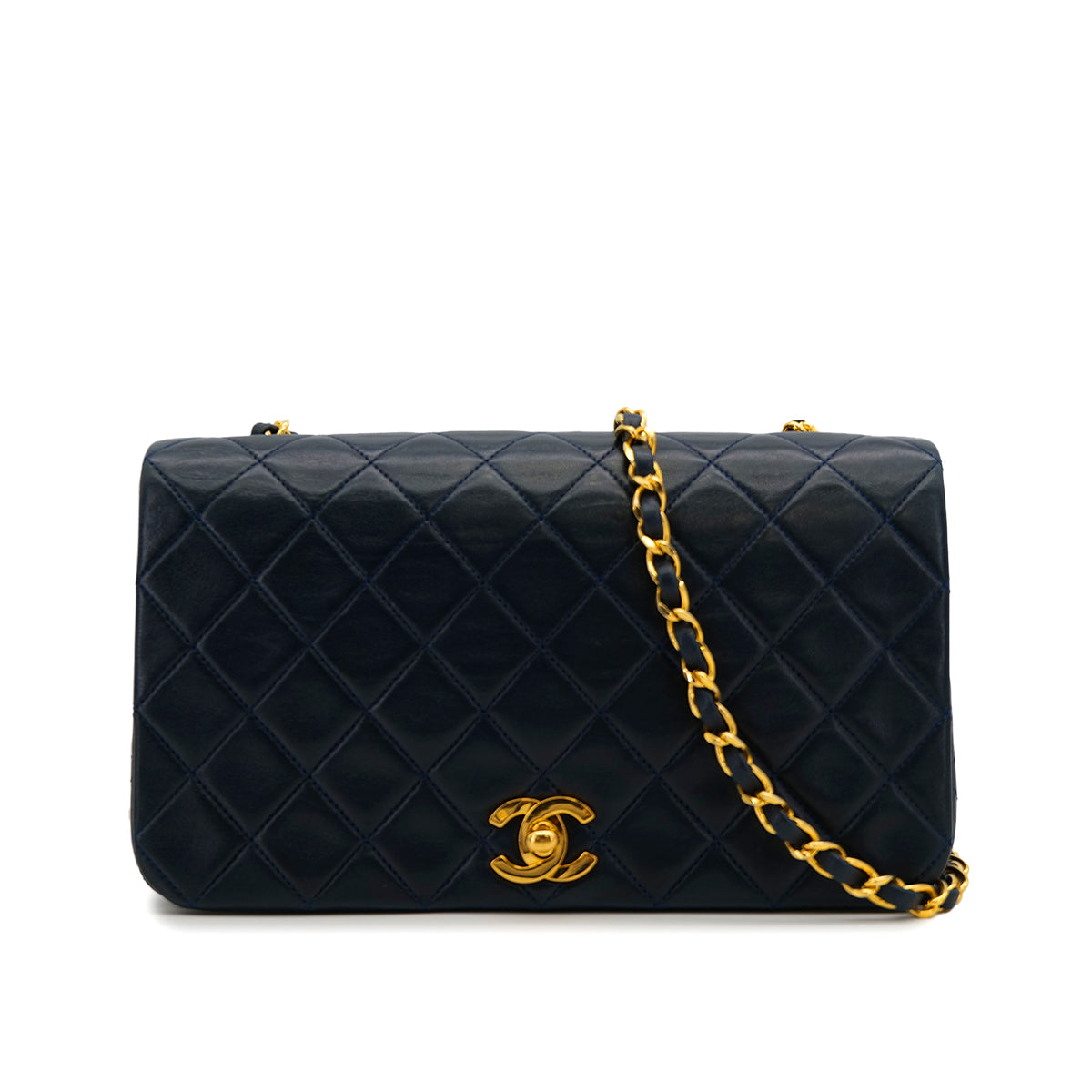 VINTAGE CHANEL FULL FLAP CHAIN SHUOLDER BAG NAVY LAMB SKIN GOLD HARDWARE 90319590