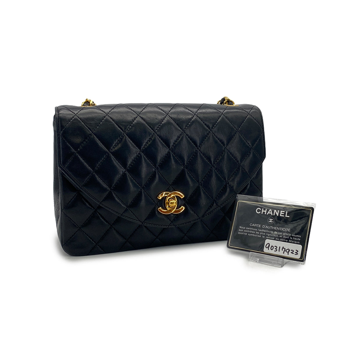 VINTAGE CHANEL HALF MOON CHAIN SHOULDER BAG BLACK LAMB SKIN GOLD HARDWARE 90317923