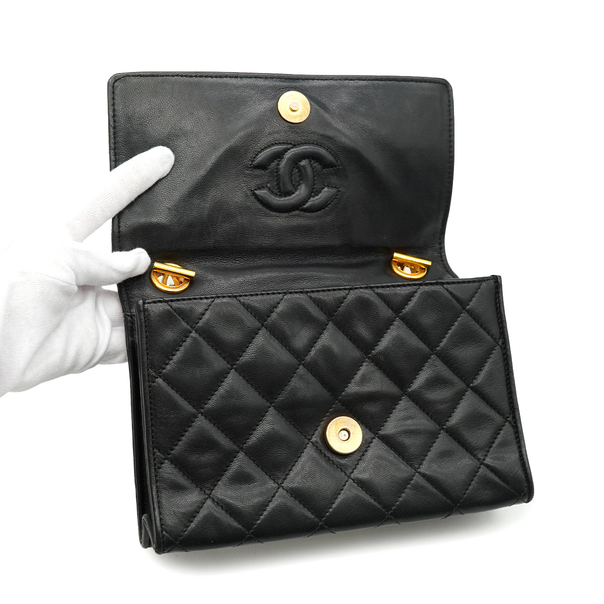 VINTAGE CHANEL MATELASSE HAND BAG BLACK LAMB SKIN GOLD HARDWARE 90340138