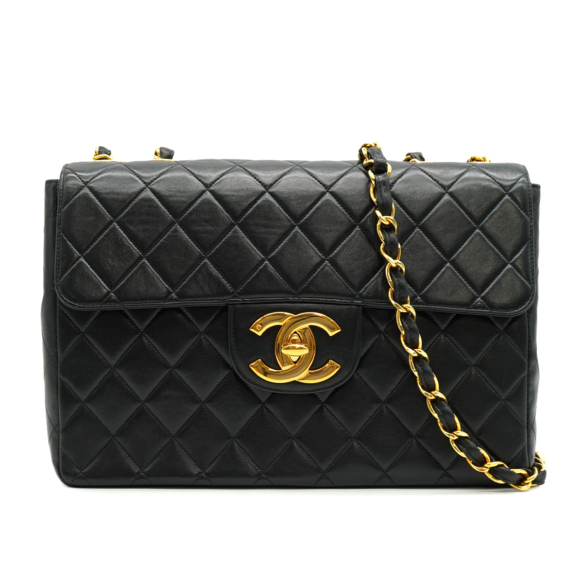 VINTAGE CHANEL JUMBO MATELASSE 30 CHAIN SHOULDER BAG BLACK LAMB SKIN GOLD HARDWARE 90335303