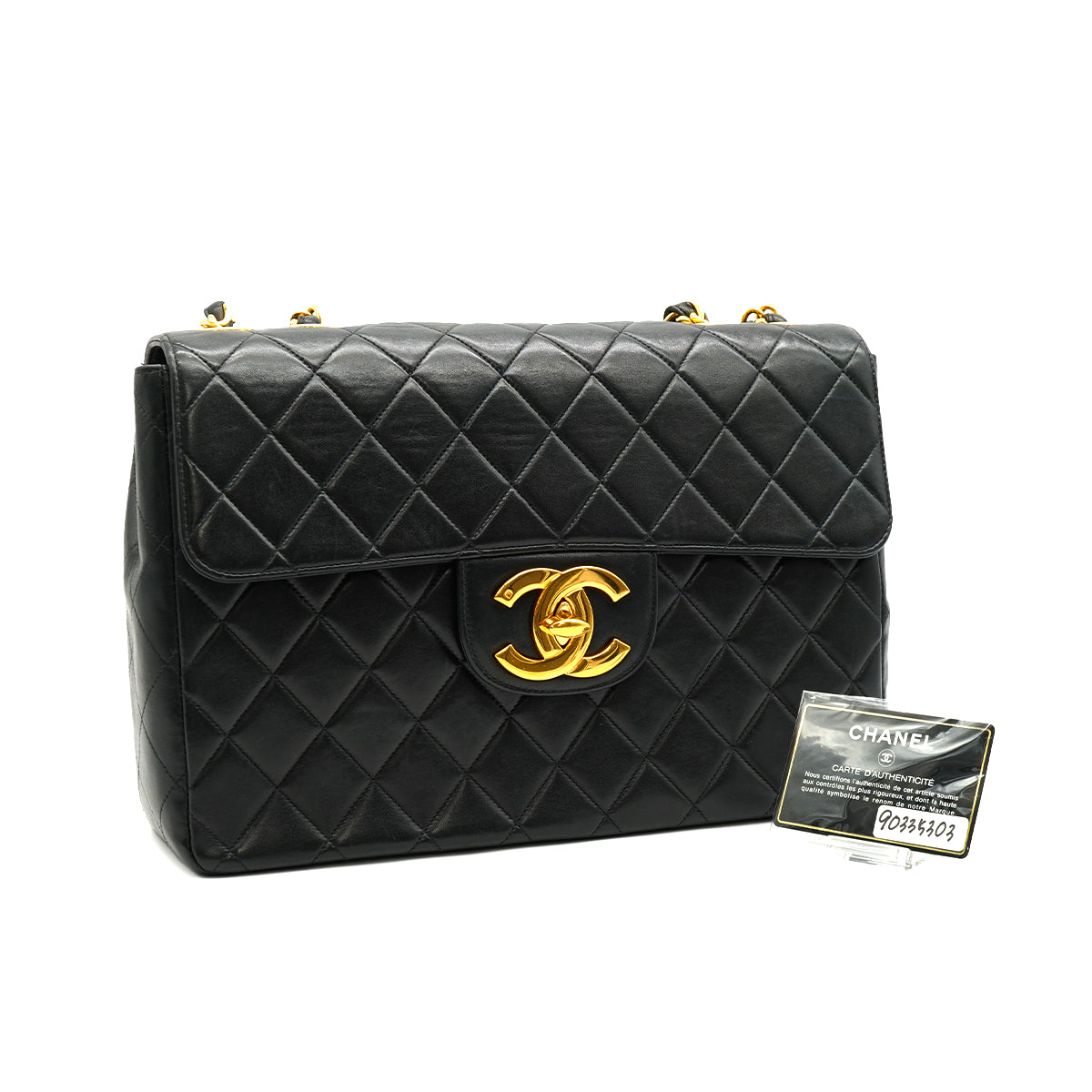 VINTAGE CHANEL JUMBO MATELASSE 30 CHAIN SHOULDER BAG BLACK LAMB SKIN GOLD HARDWARE 90335303