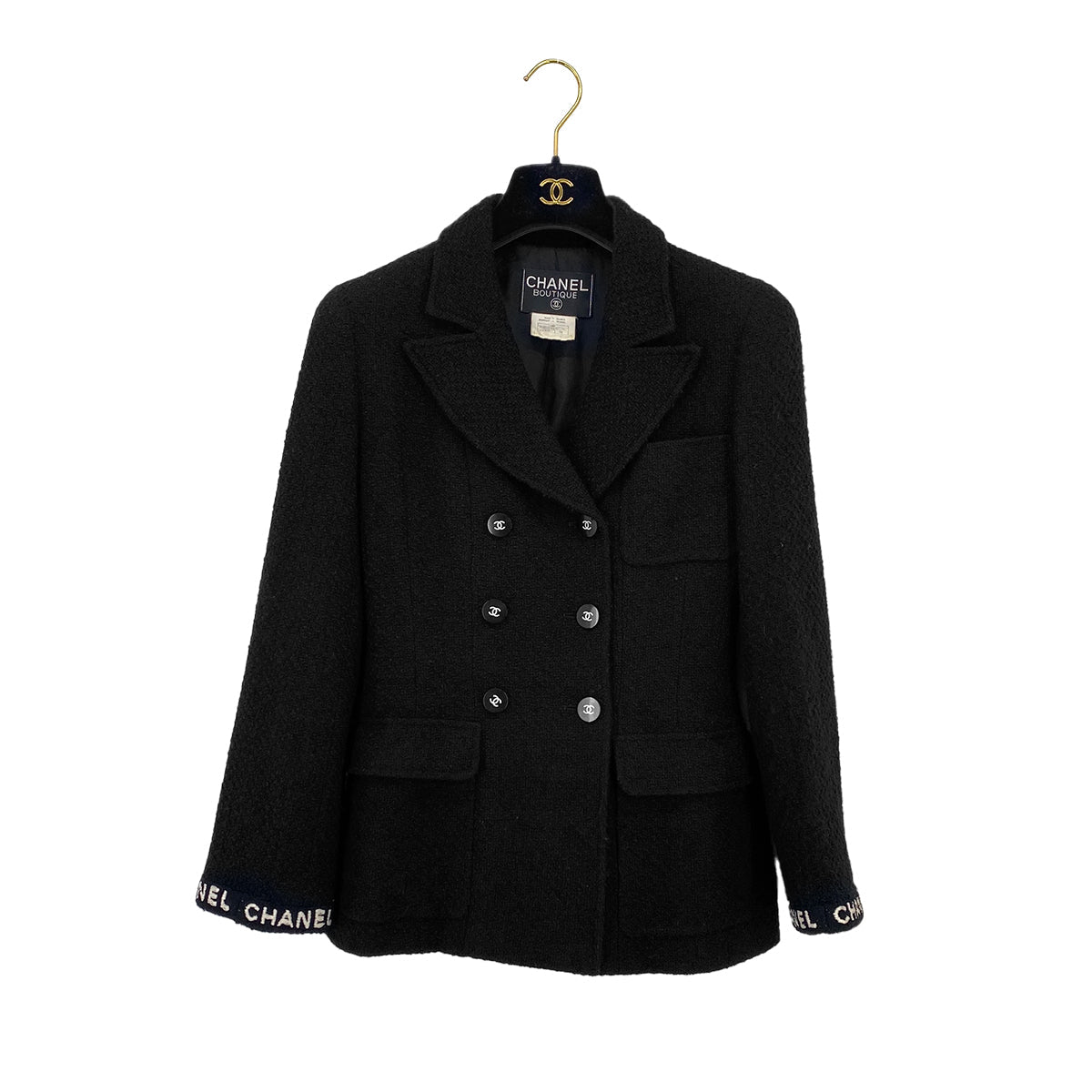VINTAGE CHANEL LOGO COCO BUTTON JACKET BLACK WOOL 38 95A RTW 90319628