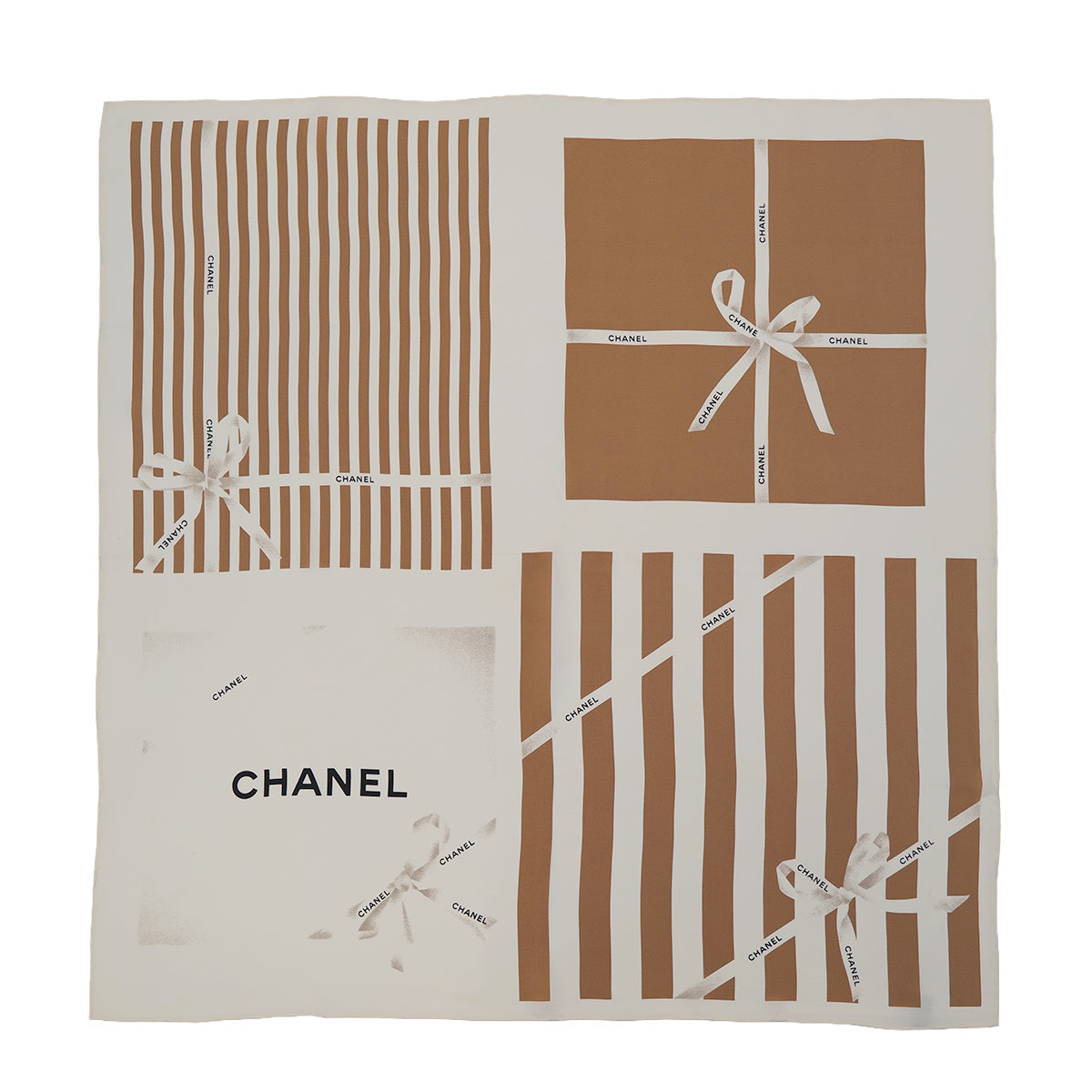 VINTAGE CHANEL LOGO STRIPE RIBBON PATTERN SCARF IVORY BEIGE SILK 90325289