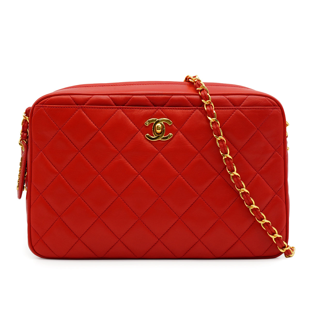 VINTAGE CHANEL MATELASSE CAMERA BAG RED LAMB SKIN GOLD HARDWARE 90338884