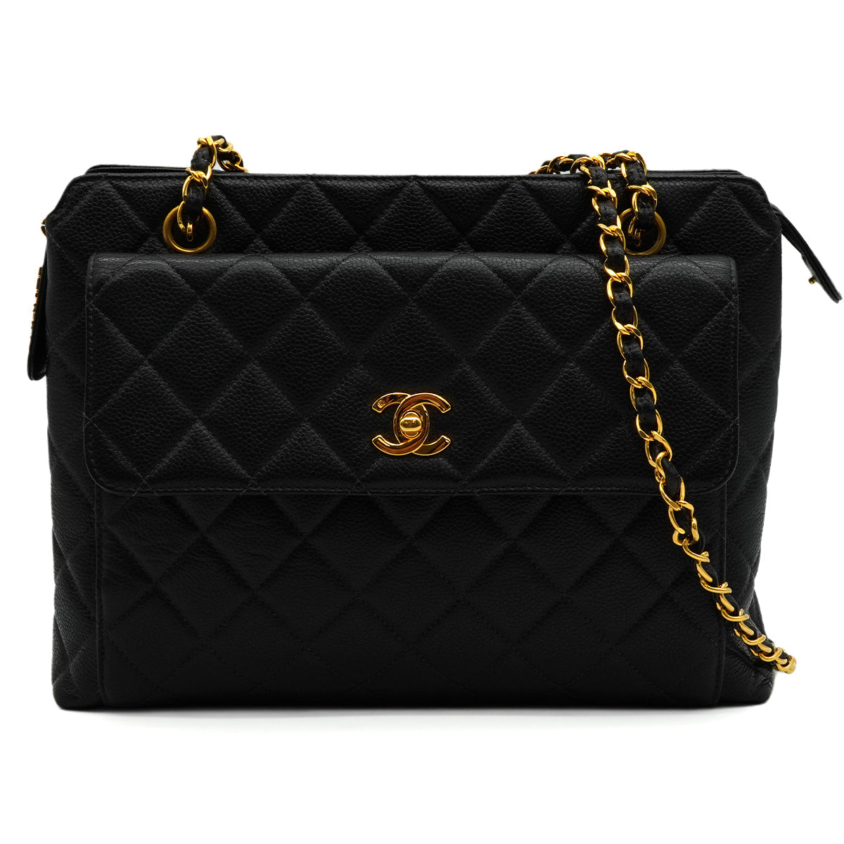 VINTAGE CHANEL MATELASSE CHAIN SHOULDER BAG BLACK CAVIAR SKIN GOLD HARDWARE 90345506