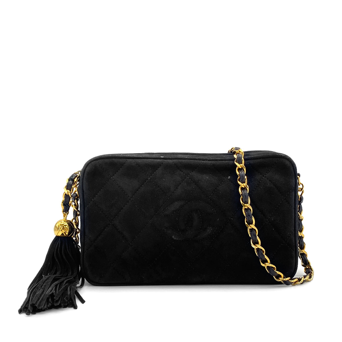 VINTAGE CHANEL MATELASSE CHAIN SHOULDER BAG BLACK SUEDE FRINGE GOLD HARDWARE 90314323