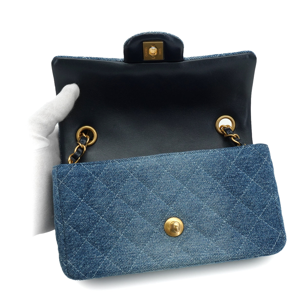 CHANEL MINI MATELASSE CHAIN SHOULDER BAG BLUE DENIM LAMB SKIN GOLD HARDWARE 90343616