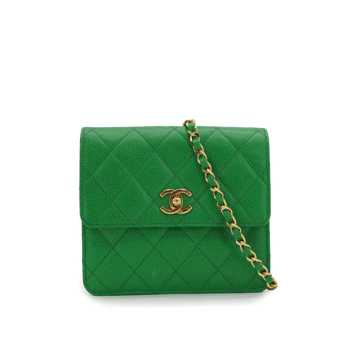 VINTAGE CHANEL MATELASSE CHAIN SHOULDER BAG GREEN CAVIAR SKIN GOLD HARDWARE 90330697