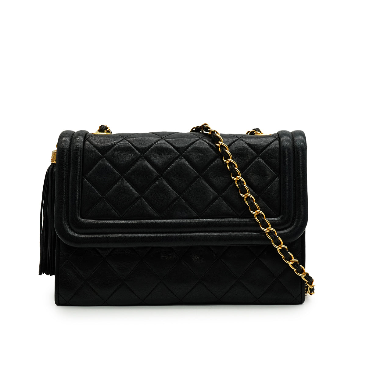VINTAGE CHANEL MATELASSE FRINGE CHAIN SHOULDER BAG BLACK LAMB SKIN GOLD HARDWARE 90345511