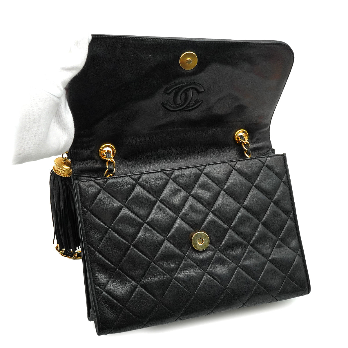 VINTAGE CHANEL MATELASSE FRINGE CHAIN SHOULDER BAG BLACK LAMB SKIN GOLD HARDWARE 90345511