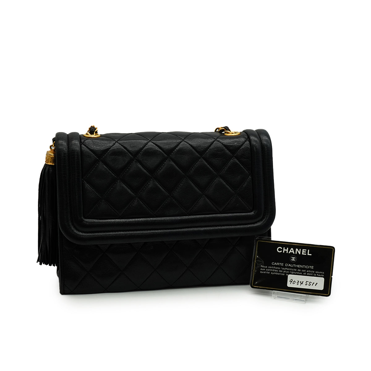 VINTAGE CHANEL MATELASSE FRINGE CHAIN SHOULDER BAG BLACK LAMB SKIN GOLD HARDWARE 90345511