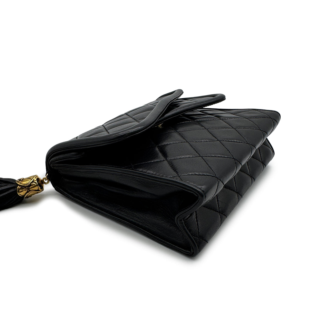 VINTAGE CHANEL MATELASSE FRINGE CHAIN SHOULDER BAG BLACK LAMB SKIN GOLD HARDWARE 90318626