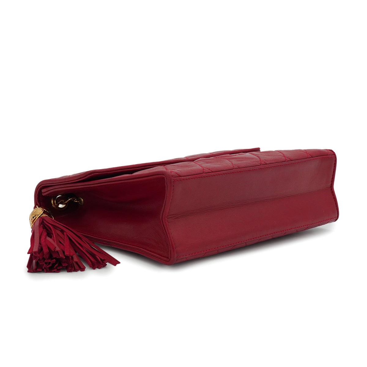 VINTAGE CHANEL MATELASSE FRINGE CHAIN SHOULDER BAG RED LAMB SKIN GOLD HARDWARE 90342573