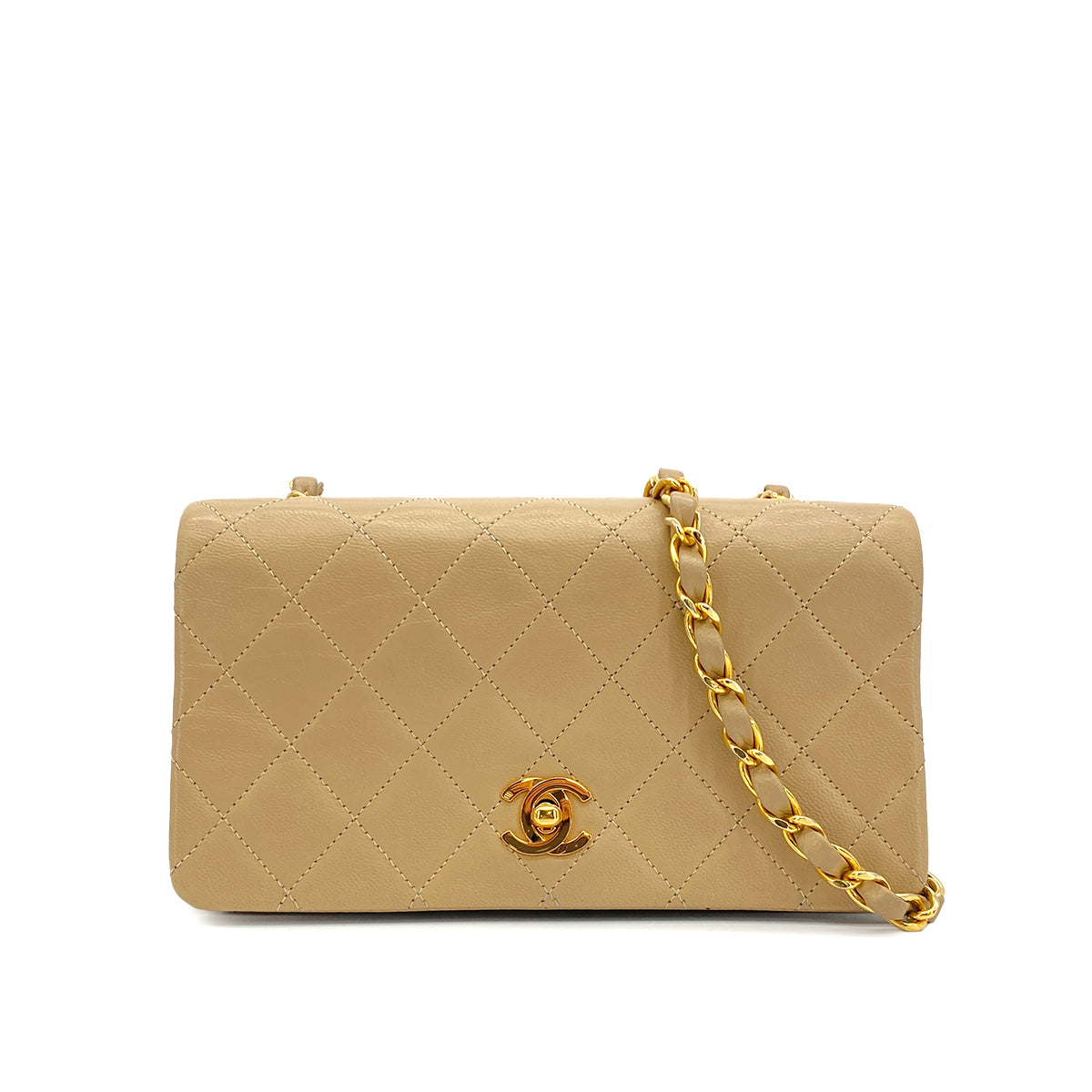 VINTAGE CHANEL MATELASSE FULL FLAP CHAIN SHOULDER BAG BEIGE LAMB SKIN GOLD HARDWARE 90327092