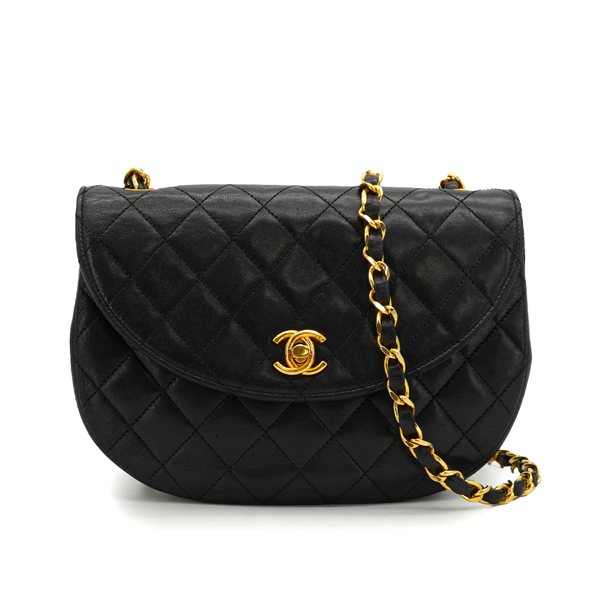 VINTAGE CHANEL MATELASSE HALF MOON CHAIN SHOULDER BAG BLACK LAMB SKIN 90340481