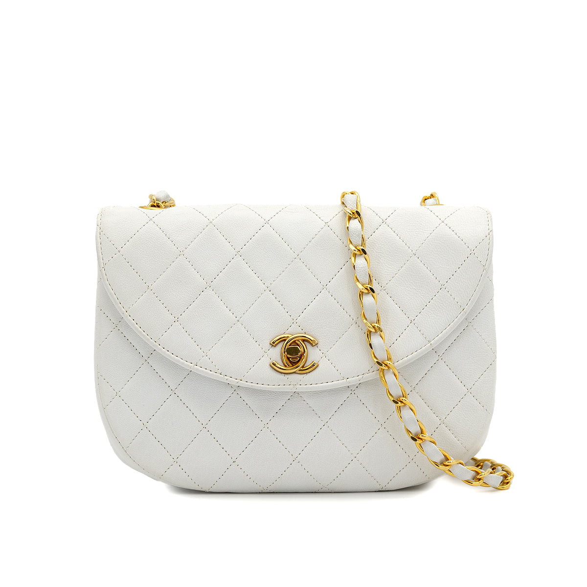 VINTAGE CHANEL MATELASSE HALF MOON CHAIN SHOULDER BAG WHITE LAMB SKIN GOLD HARDWARE 90315487