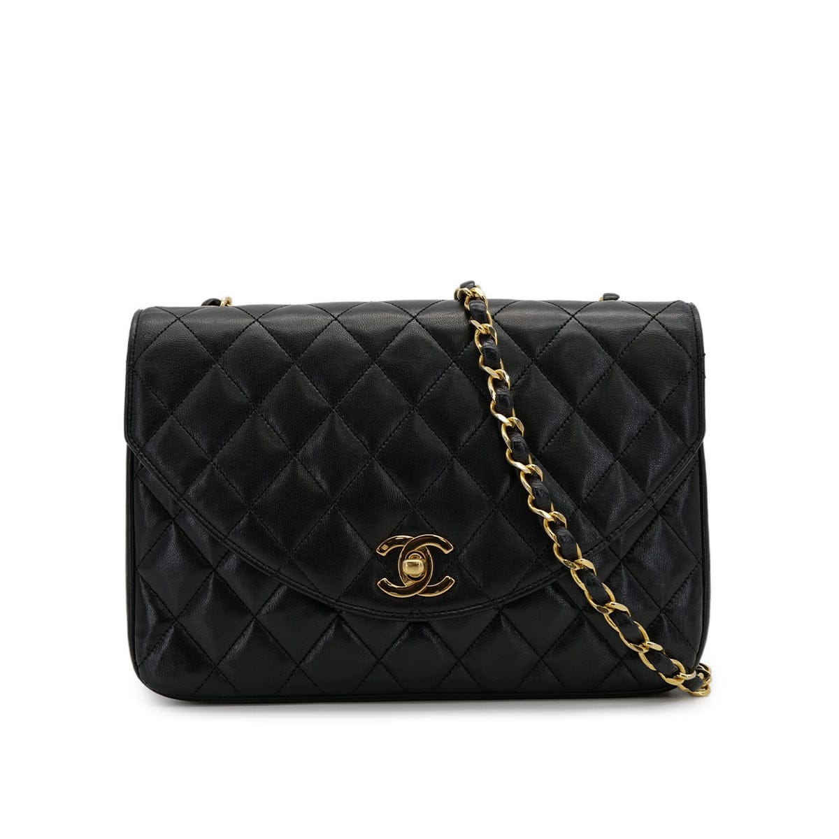 VINTAGE CHANEL MATELASSE HALF MOON CHAIN SHOULDER BAG BLACK LAMB SKIN GOLD HARDWARE 90319939
