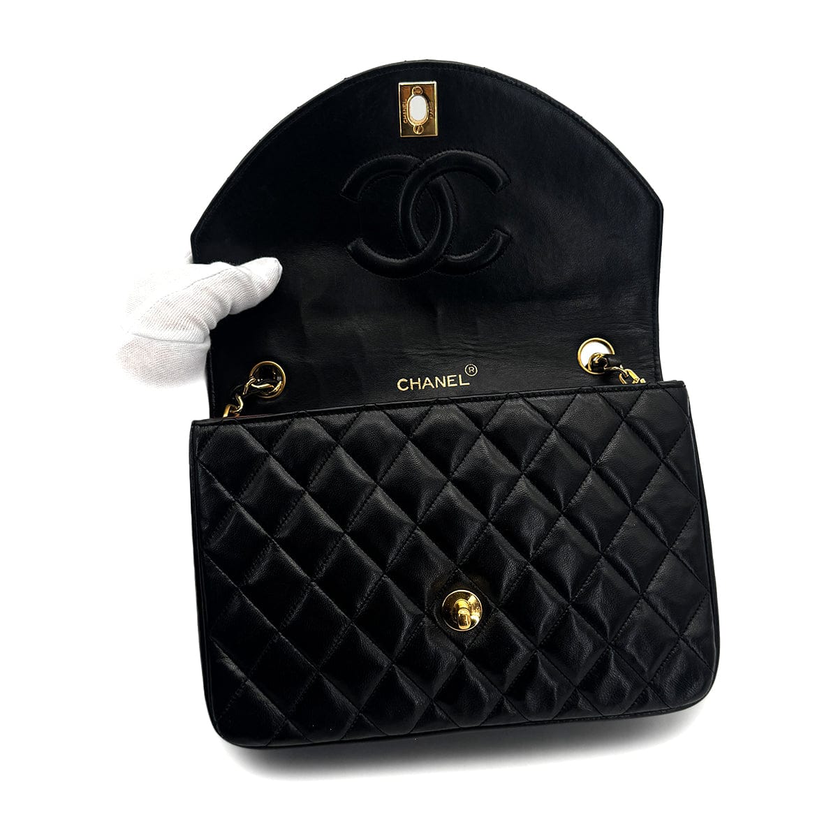 VINTAGE CHANEL MATELASSE HALF MOON CHAIN SHOULDER BAG BLACK LAMB SKIN GOLD HARDWARE 90319939