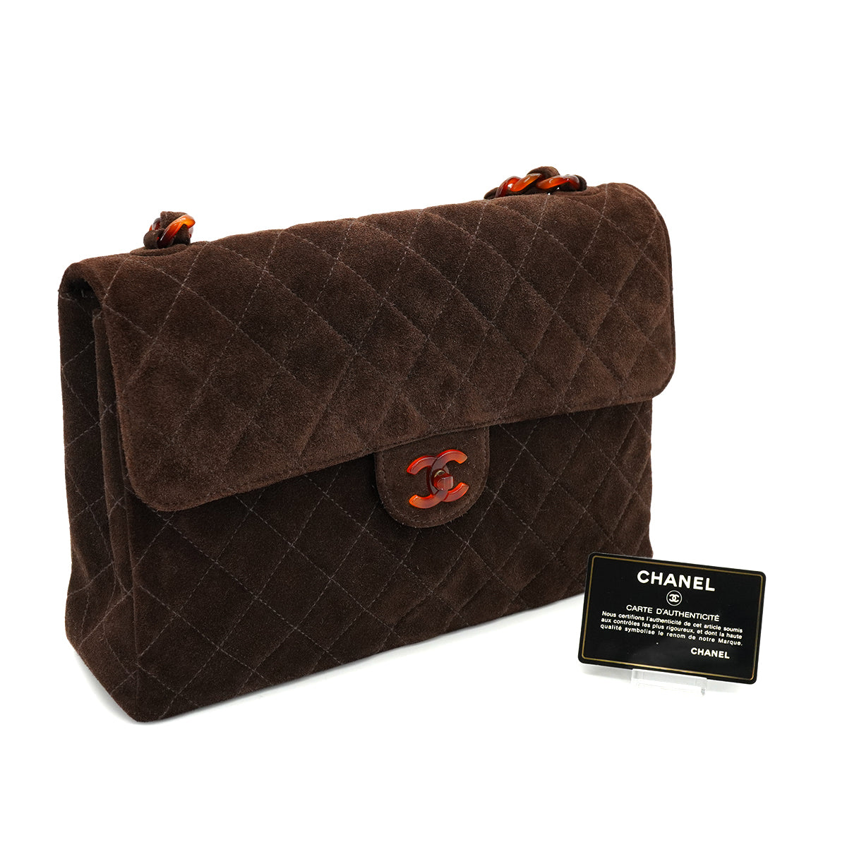 VINTAGE CHANEL MATELASSE PLASTIC CHAIN HAND BAG BROWN SUEDE GOLD HARDWARE 90326855