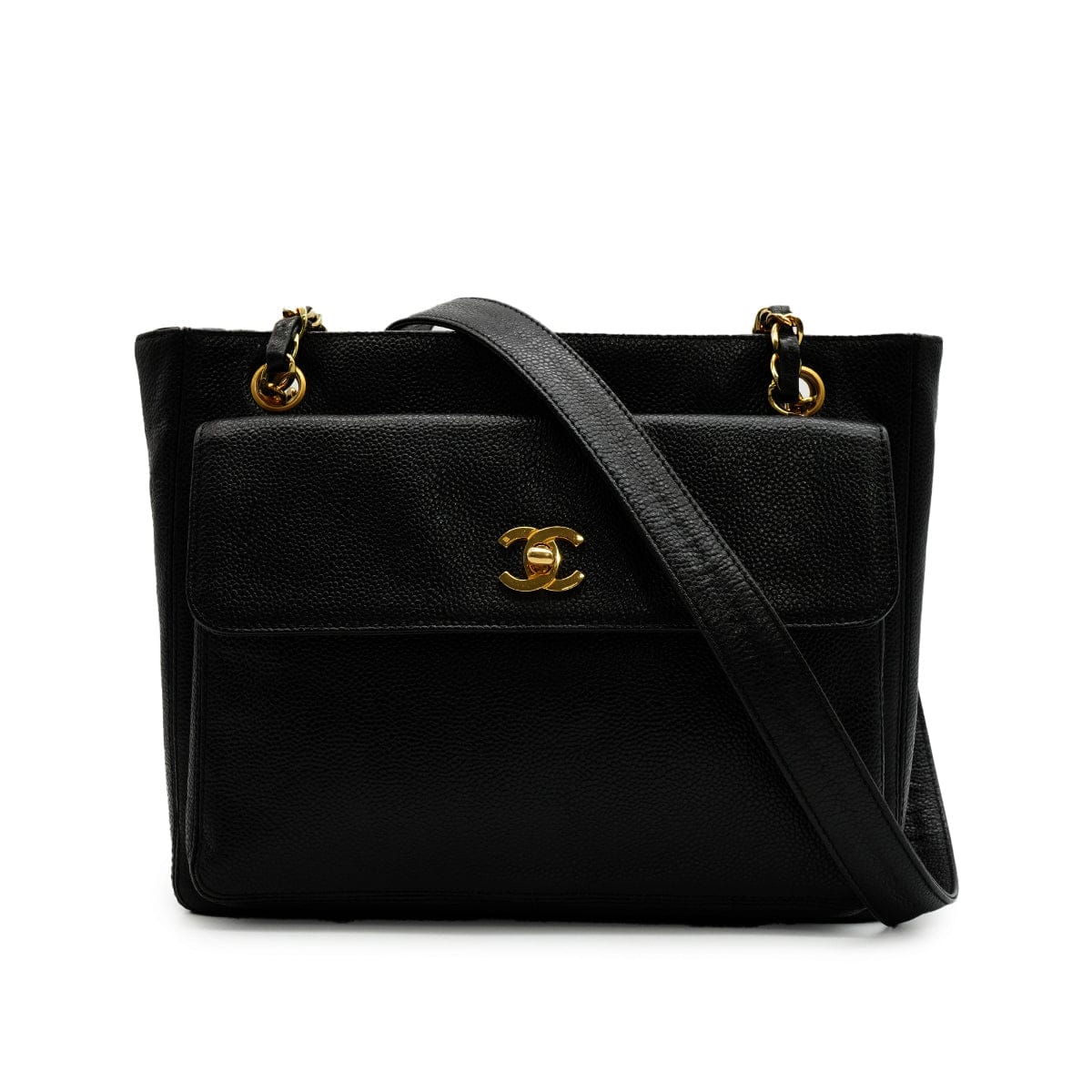 Luxury Promise Japan VINTAGE CHANEL MATELASSE SHOULDER BAG BLACK CAVIAR SKIN GOLD HARDWARE 90346142