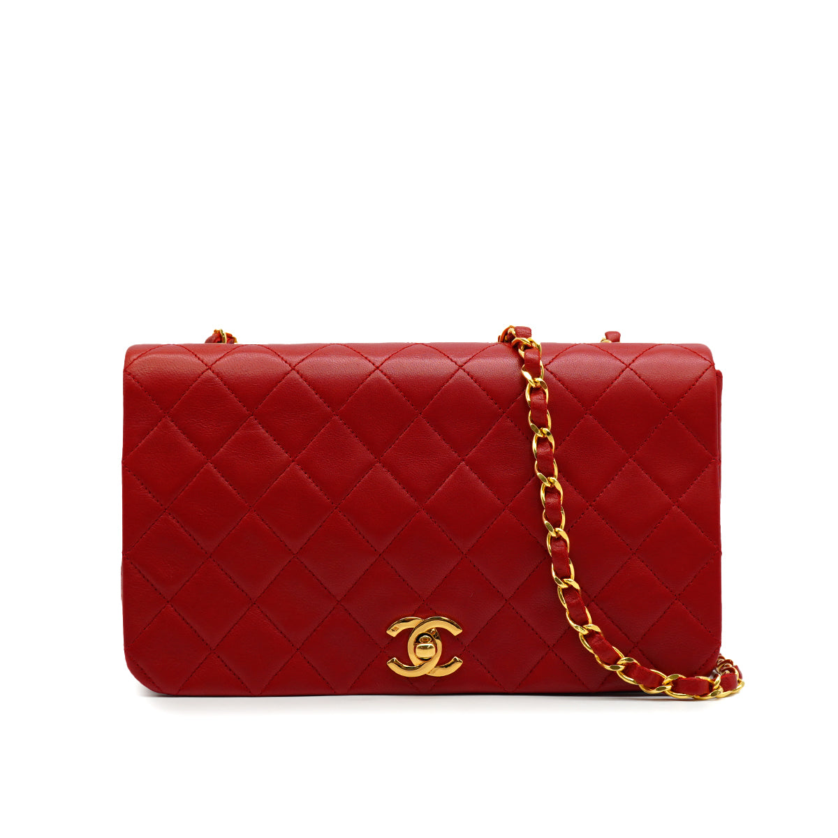 VINTAGE CHANEL MATERASSE FULL FLAP CHAIN SHUOLDER BAG RED LAMB SKIN GOLD HARDWARE 90346116