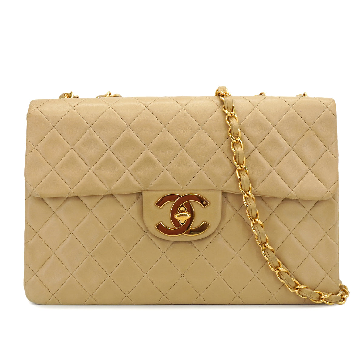VINTAGE CHANEL MAXI MATELASSE 34 CHAIN SHOULDER BAG BEIGE LAMB SKIN GOLD HARDWARE 90330931