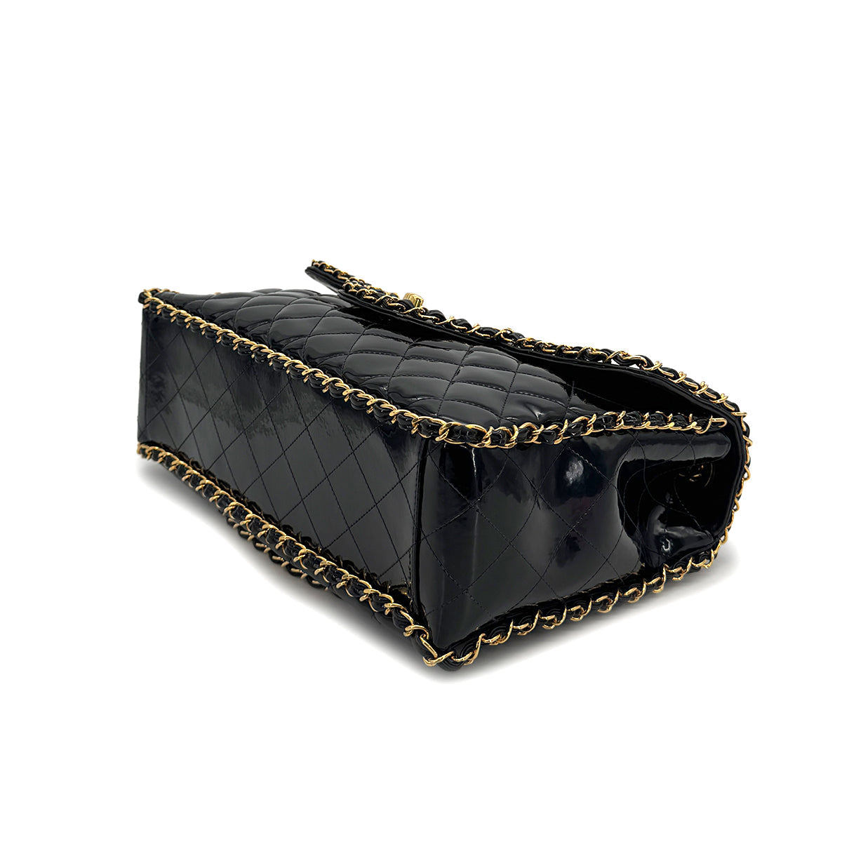 VINTAGE CHANEL MAXI MATELASSE 34 CHAIN SHOULDER BAG BLACK PATENT LEATHER GOLD HARDWARE 90318756