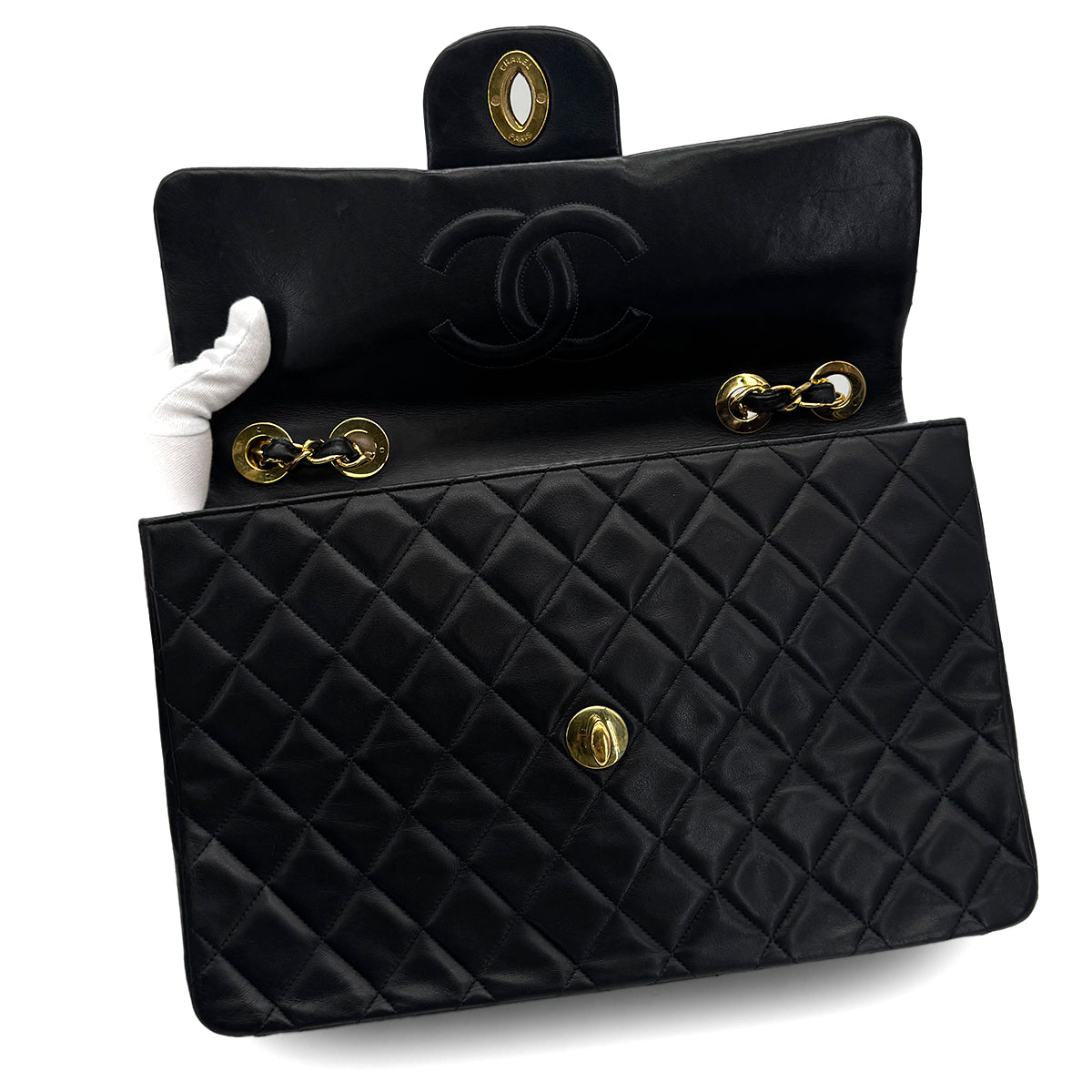 VINTAGE CHANEL MAXI MATELASSE 34 CHAIN SHOULDER BAG BLACK LAMB SKIN GOLD HARDWARE 90325320