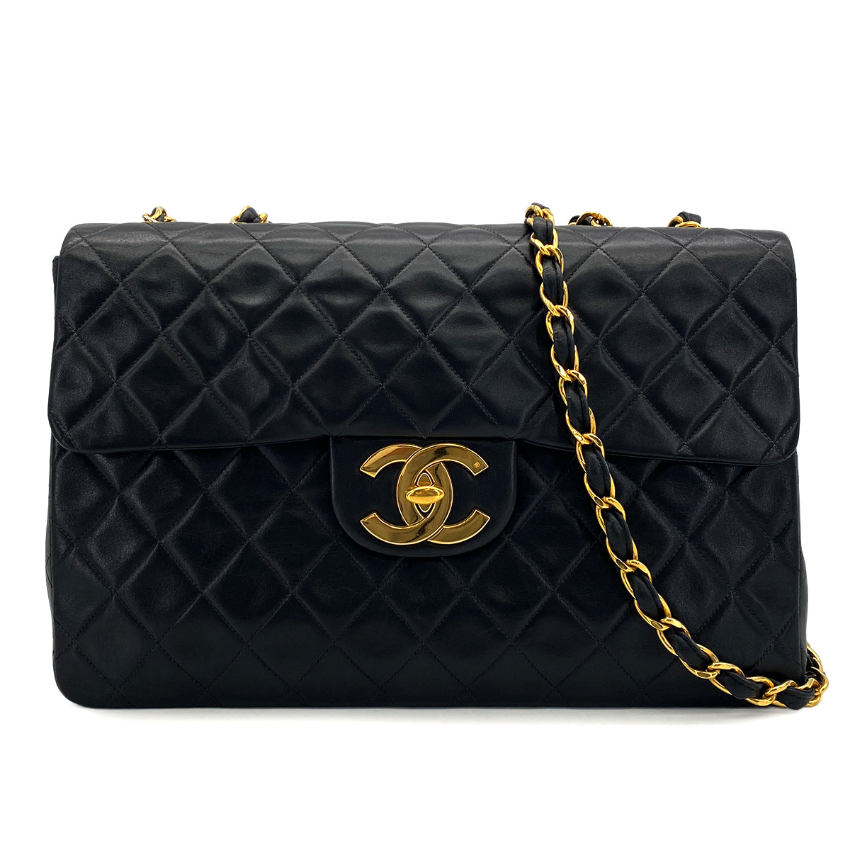 VINTAGE CHANEL MAXI MATELASSE 34 CHAIN SHOULDER BAG BLACK LAMB SKIN GOLD HARDWARE 90325642