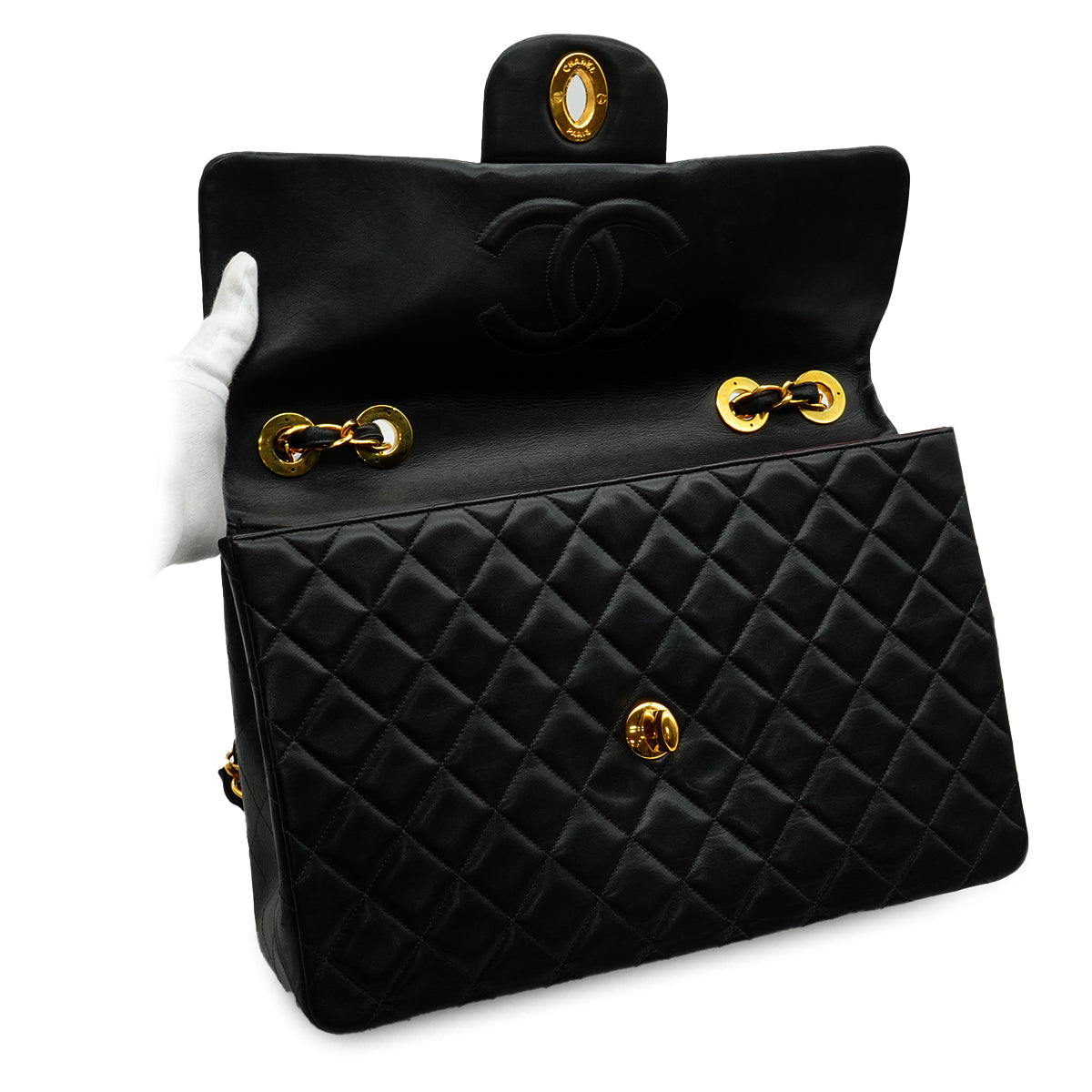 VINTAGE CHANEL MAXI MATELASSE 34 CHAIN SHOULDER BAG BLACK LAMB SKIN GOLD HARDWARE 90346666