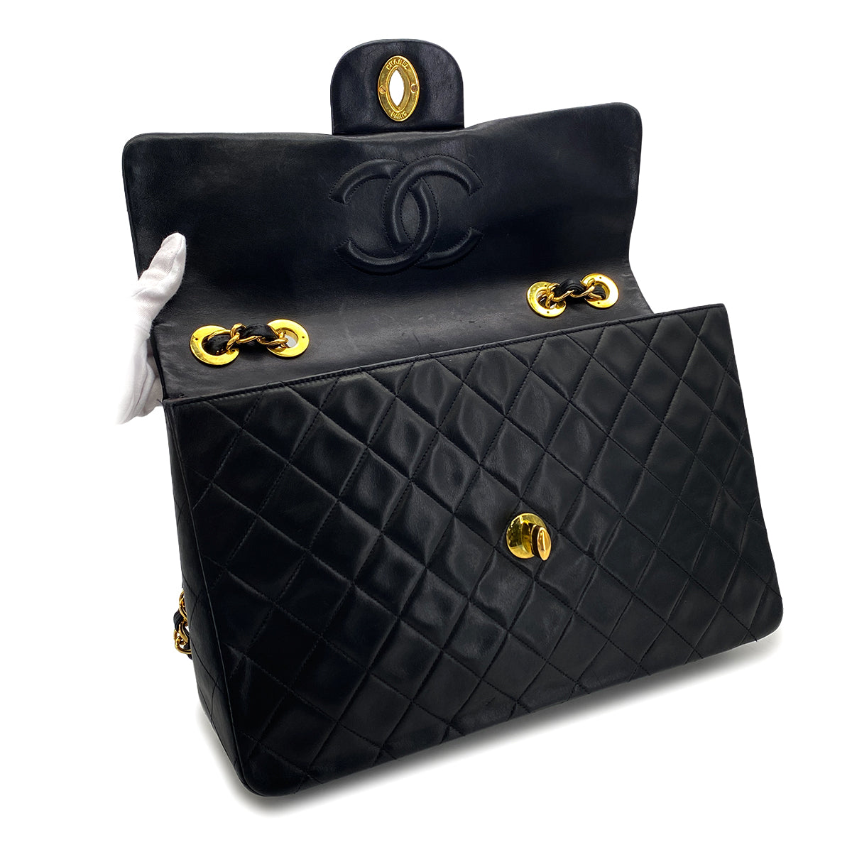 VINTAGE CHANEL MAXI MATELASSE 34 CHAIN SHOULDER BAG BLACK LAMB SKIN GOLD HARDWARE 90323982