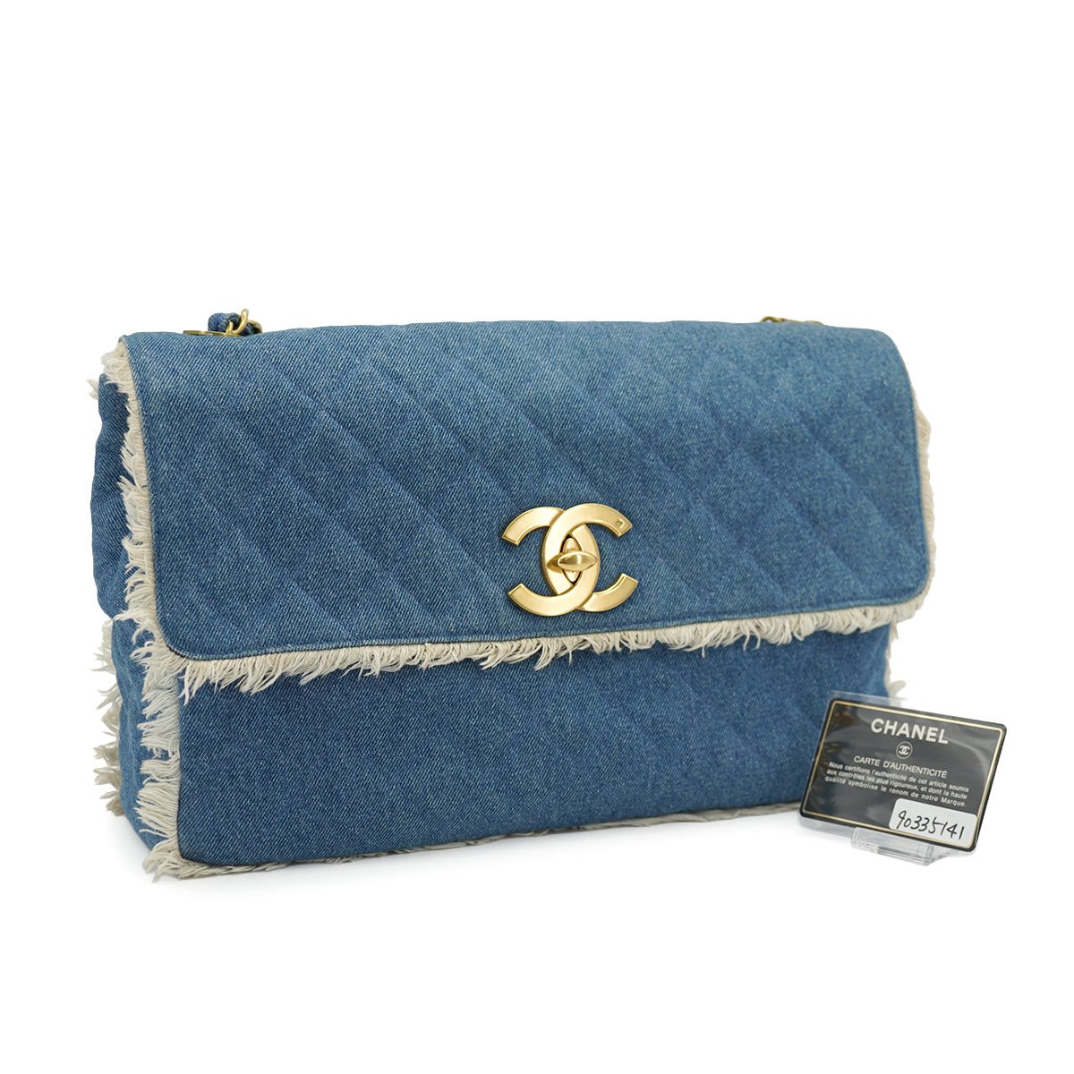 VINTAGE CHANEL MAXI MATELASSE 34 CHAIN SHOULDER BAG BLUE DENIM GOLD HARDWARE 90335141