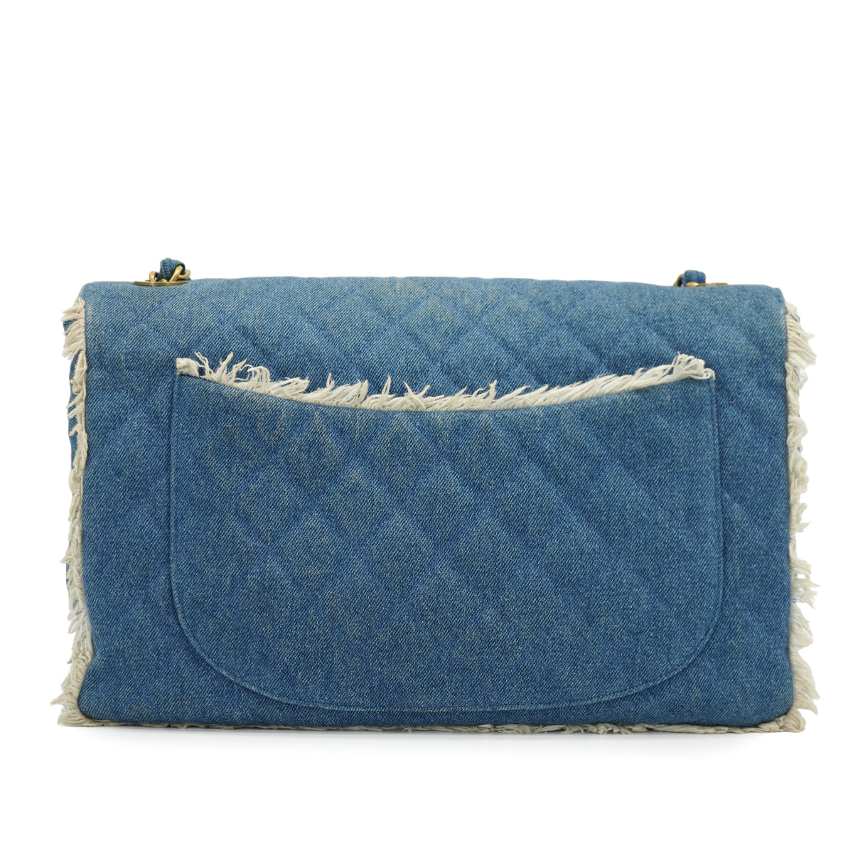 VINTAGE CHANEL MAXI MATELASSE 34 CHAIN SHOULDER BAG BLUE DENIM GOLD HARDWARE 90335141