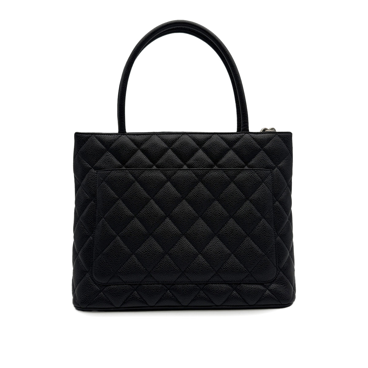 VINTAGE CHANEL MEDALLION MATELLASSE TOTE BAG BLACK CAVIAR SKIN SILVER HARDWARE 90314330