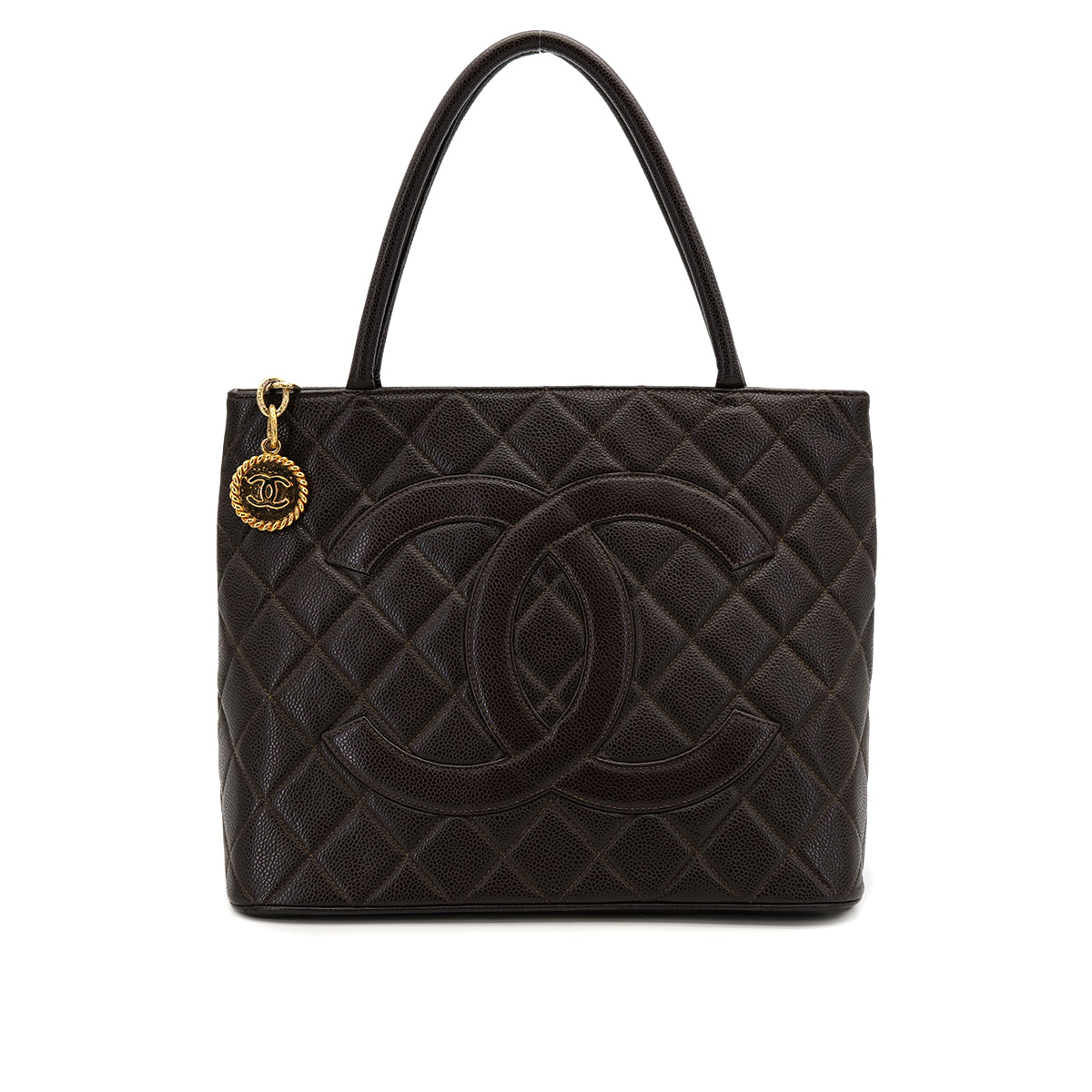 VINTAGE CHANEL MEDALLION MATELLASSE TOTE BAG BROWN CAVIAR SKIN GOLD HARDWARE 90319125